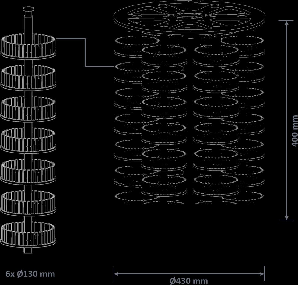Loading the Apex N430: 6 × Ø 130 mm, coating volume Ø 430 × H 400 mm