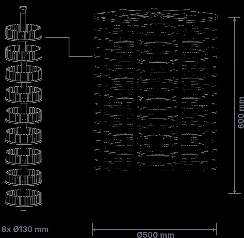 Loading the Apex N500: 8 × Ø 130 mm, coating volume Ø 500 × H 600 mm