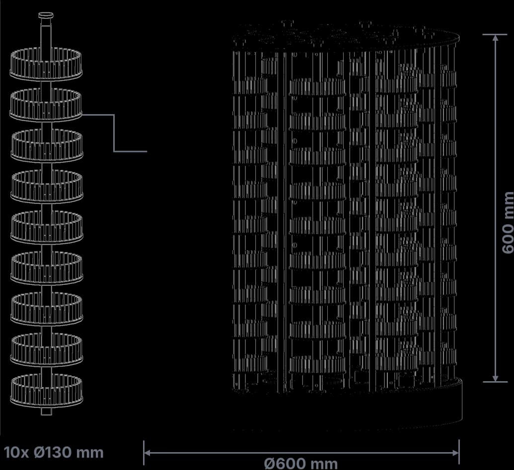 Loading the Apex N600: 10 × Ø 130 mm, coating volume Ø 600 × H 600 mm