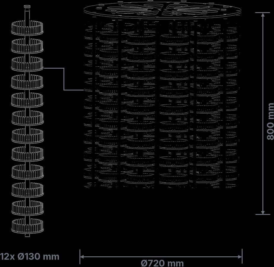 Loading the Apex N720: 12 × Ø 130 mm, coating volume Ø 720 × H 800 mm
