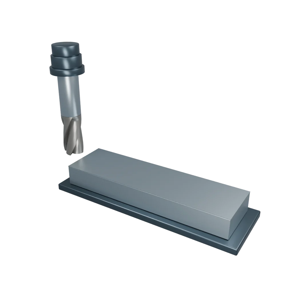 A single Ø 6 mm end mill above the steel workpiece