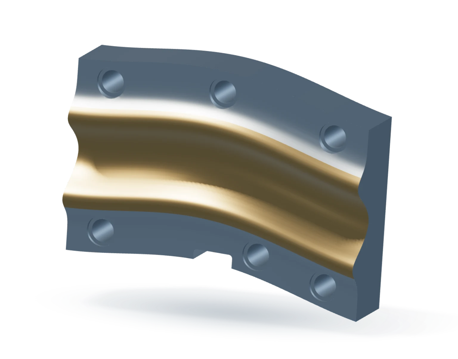 Schematisches Umformwerkzeug mit sechs durchgehenden Bohrungen und goldener Funktionsfläche